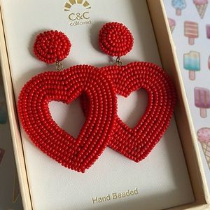 C&C Hand Beaded Red Heart Shape Earrings